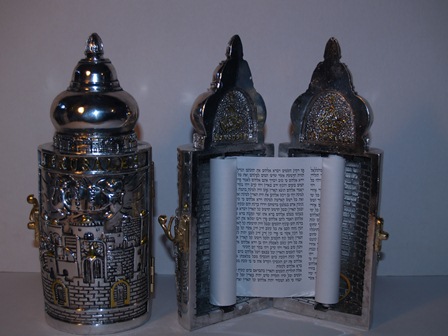 Torah Scroll in Silver Painted Case with scenes of Jerusalem